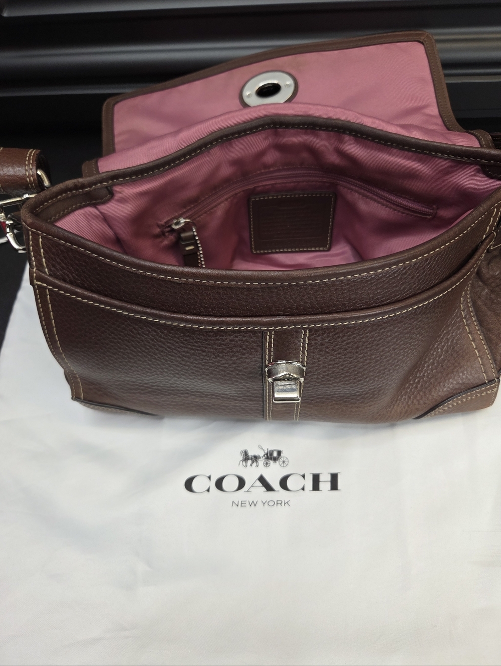 Coach Brown Leather Messenger Bag with Pink Lining